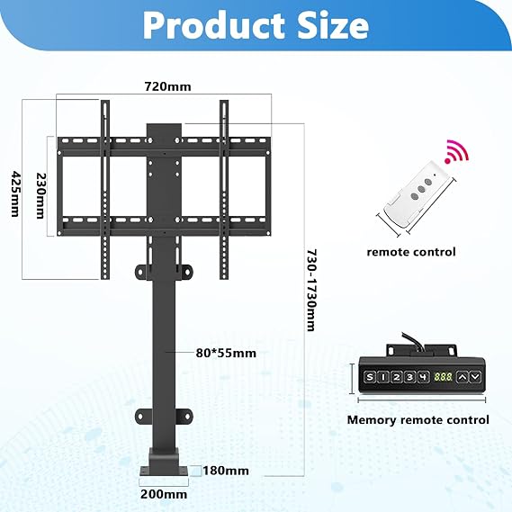 Electric tv lift, Automatic lifting motorised tv bracket, tv lift mechanism for most 32-70 inch Flat and Curved TVs,max 600x400mm up to 60kg, Can be hidden inside the cabinet (lifting-73cm)