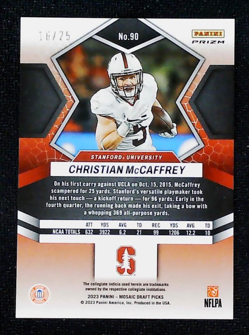 2023 Panini Mosaic Draft Picks Pink Prizm #90 Christian McCaffrey 16/25 Stanford Cardinal Football Trading Card