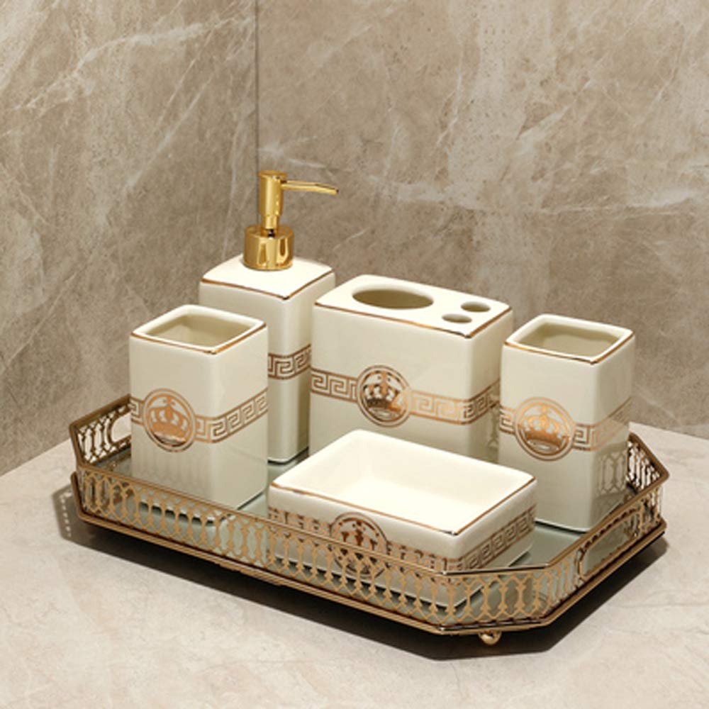 GUOZI Bathroom Accessories Set,5 Piece Bath Ensemble,Hand-painted Pattern,including Toothbrush Holder,2 Mouthwash Cups (350ML),lotion Bottle (450ML),beige
