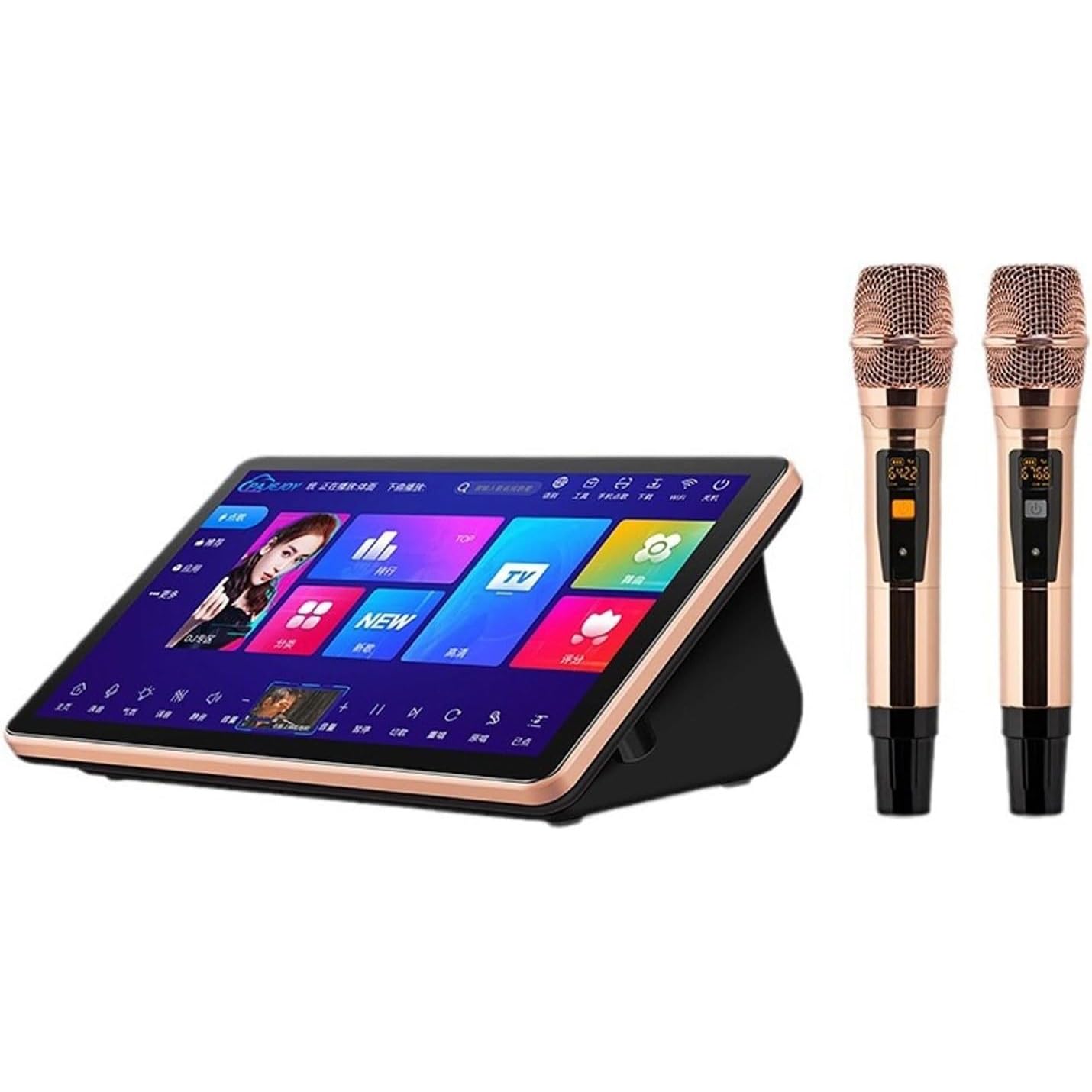 Sistema de karaoke con pantalla táctil, micrófono inalámbrico, control de voz AI y soporte multilingüe para entretenimiento en casa y fiestas