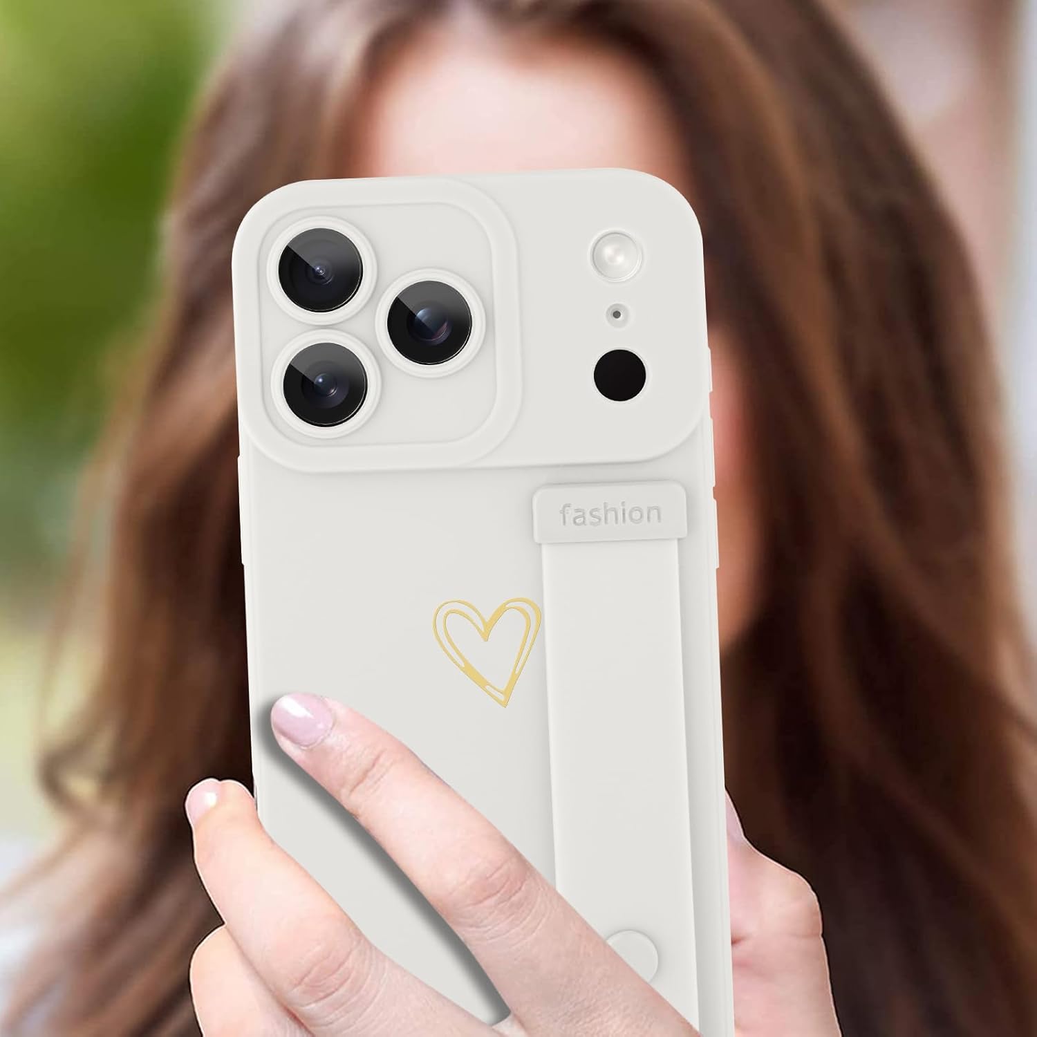 Compatible with iPhone 17 Pro Max Case for Women Men, Cute Love Heart Pattern, Built in Adjustable Metal Wrist Strap Grip Hand Holder Kickstand Soft Silicone Cover 6.9 Inch, White - Image 6