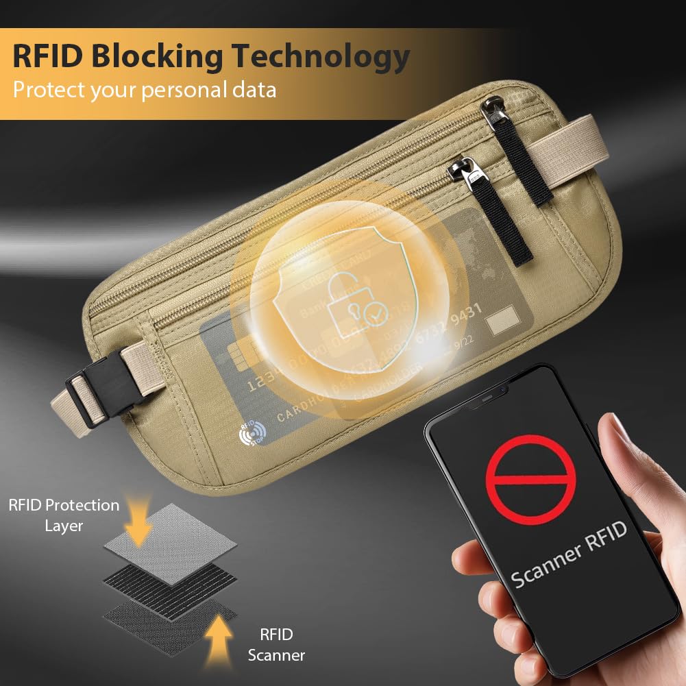 DiULi Pasek na pieniądze z blokowaniem RFID do podróży, ukryta torebka biodrowa z regulowanym elastycznym paskiem na talię, bezpieczne etui na paszport z 5 DARMOWYMI wnękami na karty, Khaki, Normale