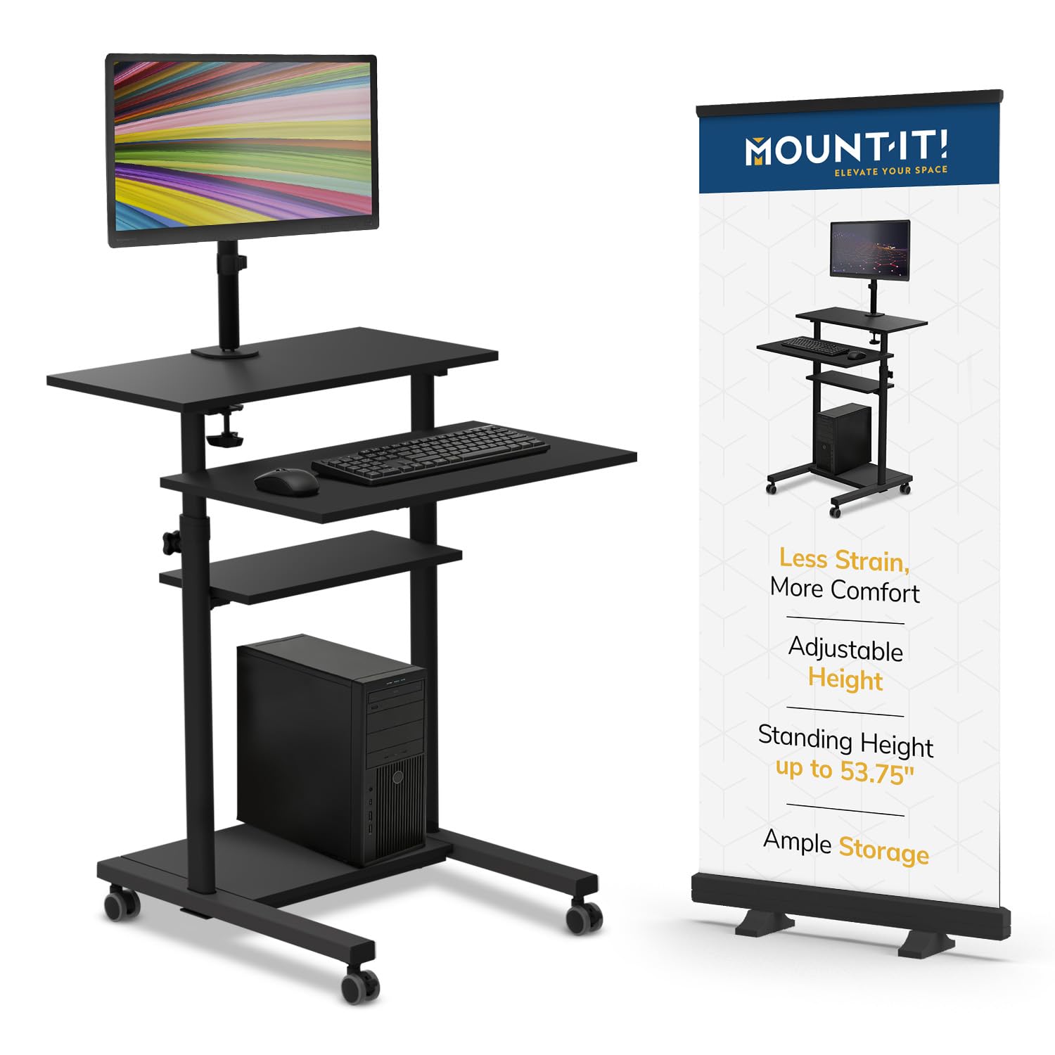 Mount-It! Mobile Computer Cart with Monitor Mount for Screen up to 32", Portable Desk on Wheels, Rolling Laptop Stand for Teachers, Office, Classroom, Rise up to 53", Podium, Keyboard Tray, Black