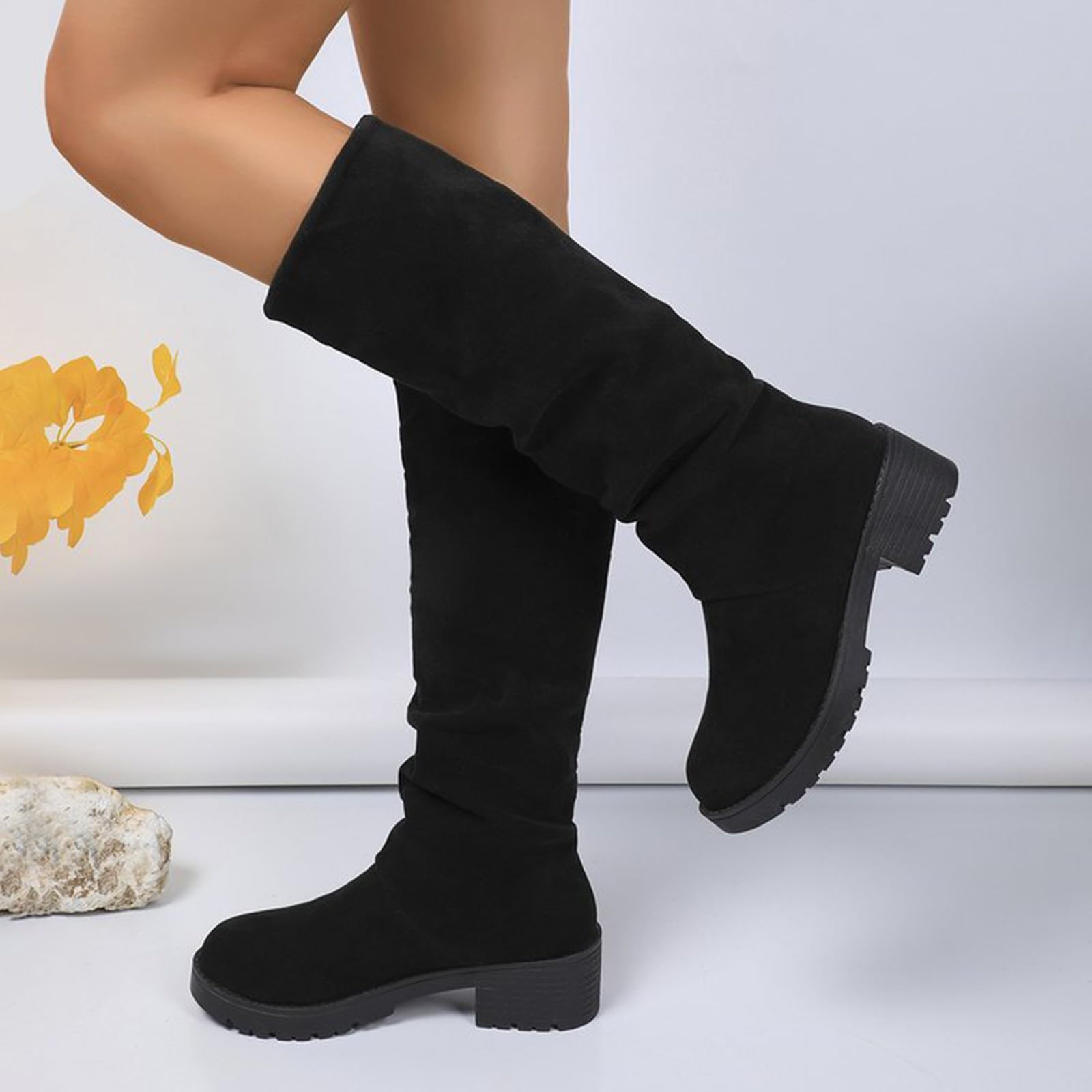 Generisch Kniehohe Stiefel Damen Blockabsatz Langschaftstiefel Rutschfest Hohe Schlupfstiefel Dicker Sohle Halbstiefel Runde Herbst Winter Schlupfschuhe Outdoorschuhe Winterstiefel Overknees Stiefel