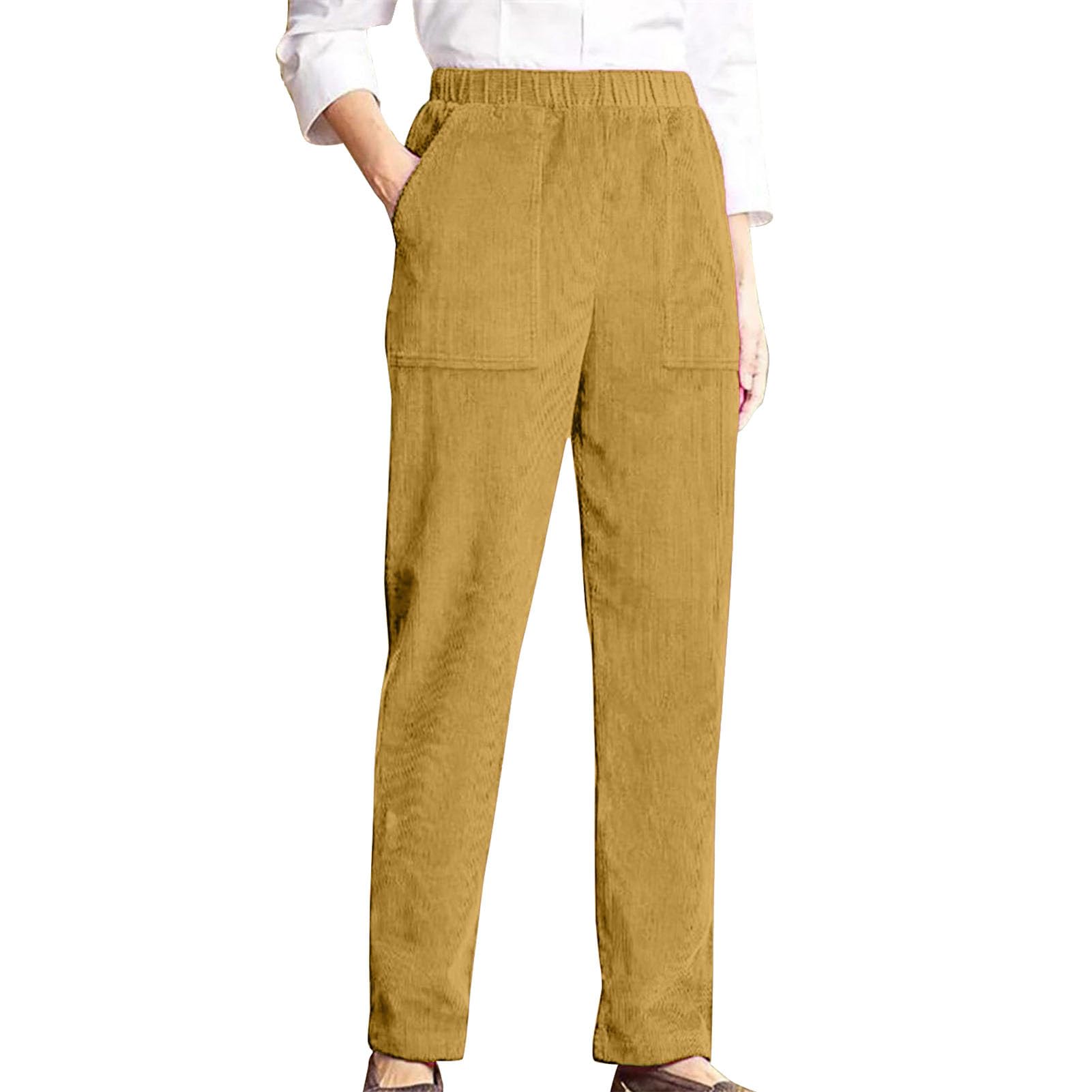 Damen Cord-Baumwollhose - Weiche, elastische Taillenhose mit geradem Bein und Taschen,Cordhose mit geradem Bein für Mädchen (Khaki,Khaki)