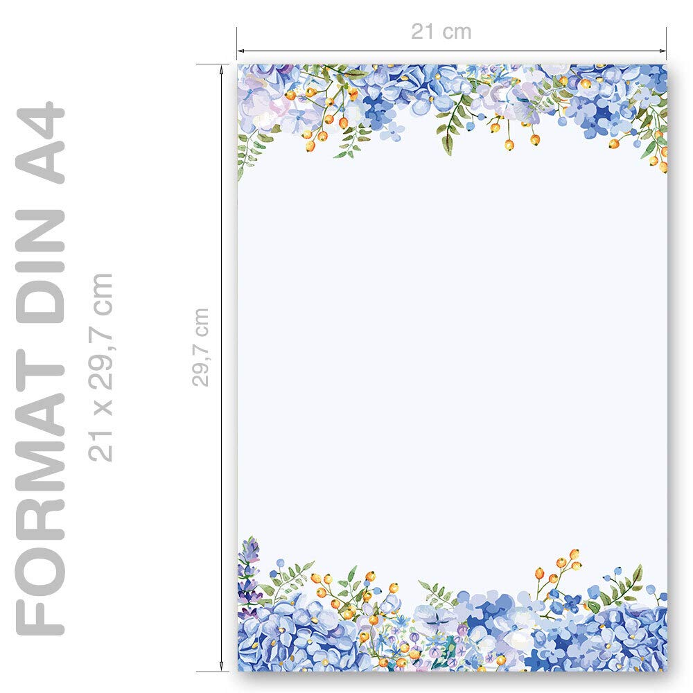 ORTENSIE BLU Carta da Lettera Decorata A4 20 Fogli