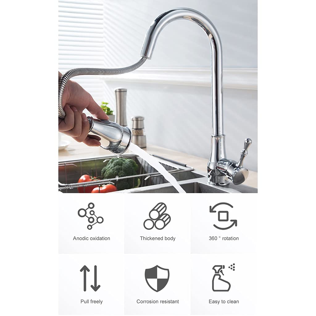 Grifo de Fregadero de Cocina para Bar, casa de Campo o Uso Comercial, Grifo extraíble, Mezclador de Agua fría y Caliente Crane Water Tap, rociador Giratorio, Acabado Cromado en níq