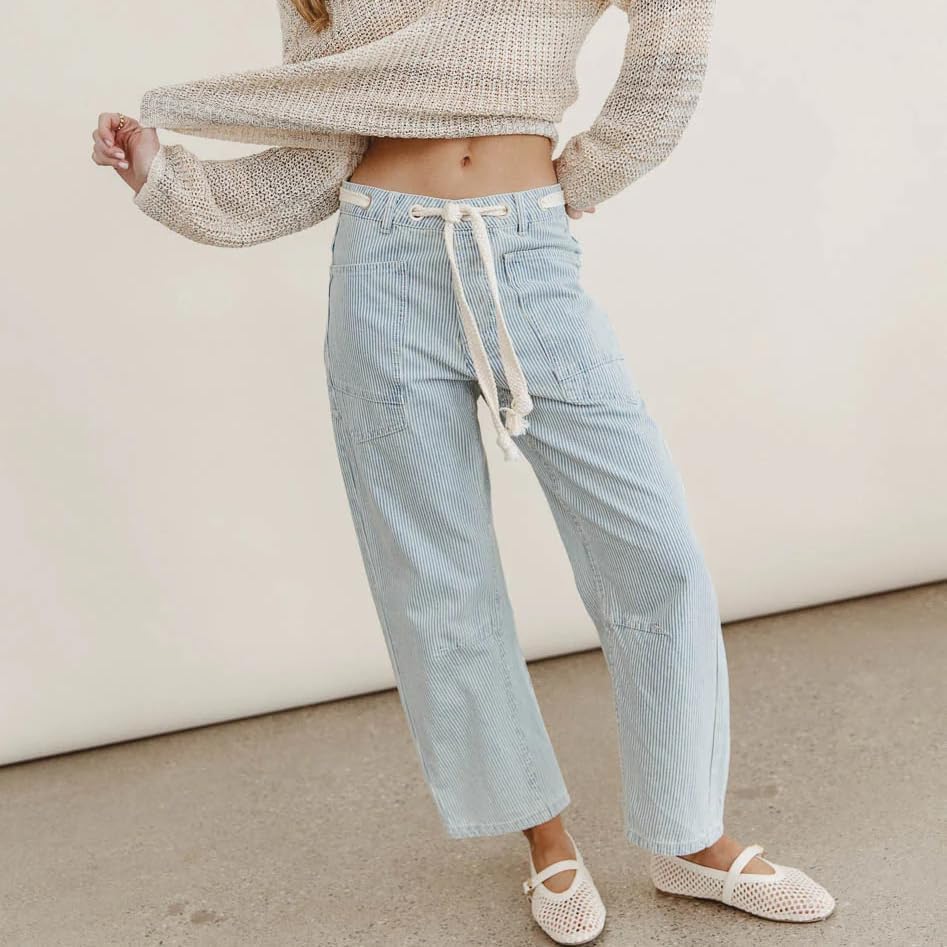 Drawstring Barrel Jeans Women Vintage Patchwork Low Rise Baggy Denim Pants Y2K Wide Leg Streetwear Casual2