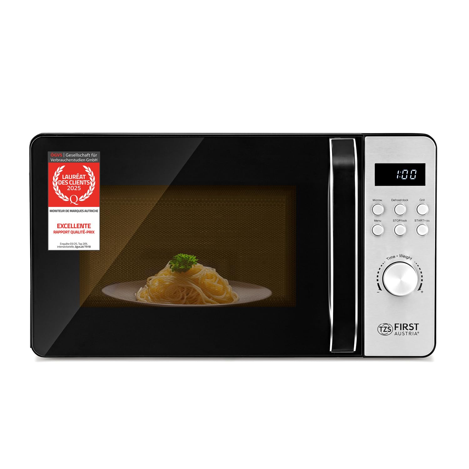 TZS First Austria micro-ondes digital avec grill, 20L, 700W micro-ondes, 800W grill, 8 programmes automatiques, démarrage rapide, écran LED, compact, antidérapant, inox, décongélation, gratinage