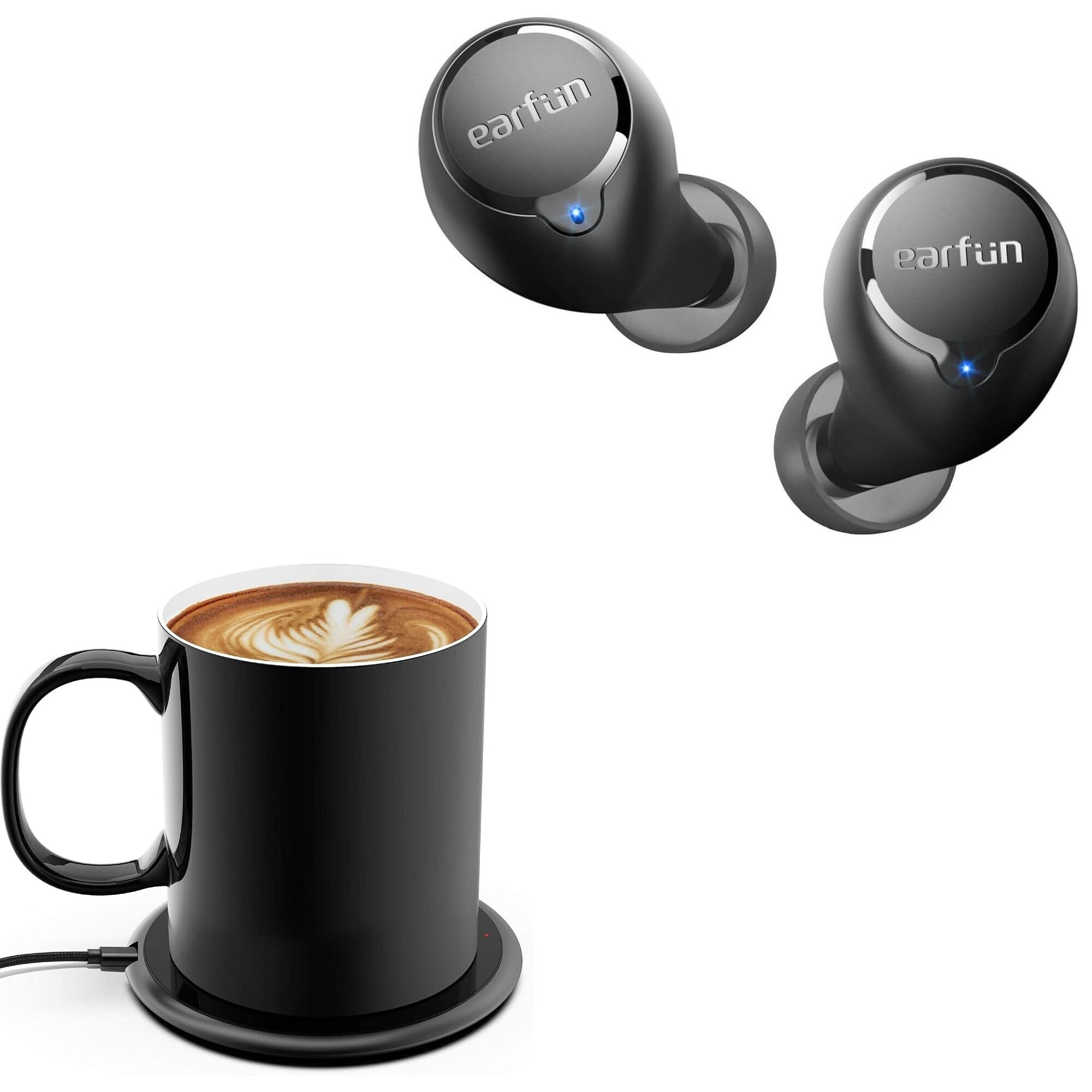BoxWave Charger Compatible with EarFun Free 2S - HottieMug with Wireless PowerDisc Charger (15W), Qi Mug Warmer Coffee Desktop - Jet Black