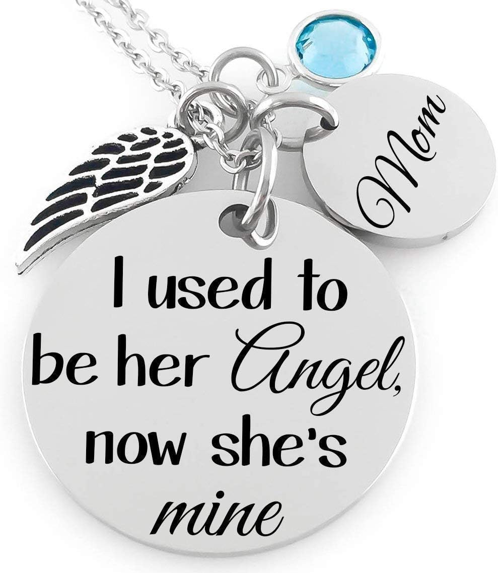 Memorial Jewelry Necklace - I used to be her angel, now she's mine - Name Disc, Angel Wing & Birthstone Crystal