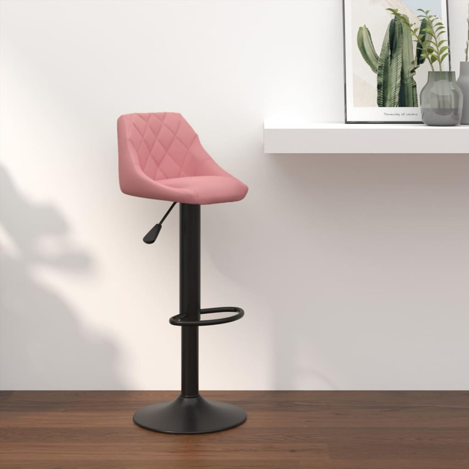 Taburete de bar de terciopelo rosa con resorte de gas, altura regulable (82 – 103 cm), giratorio 360°, reposapiés, estructura de acero, para bar y isla de cocina