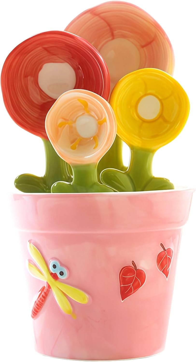 Measuring Ceramic Cups And Spoons Set, Flower Spoons In Pot Flower Shaped, Cute Accessories Kitchen For Baking And Cooking, Spoons 4 Includes And Base