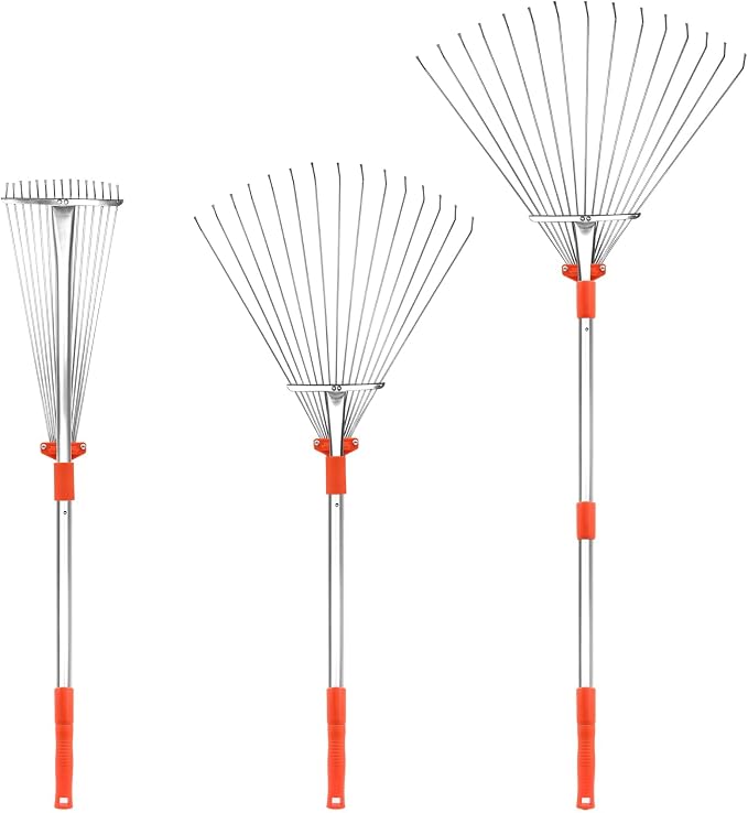Buyplus Adjustable Garden Leaf Rake - 24 to 63 Inch Telescopic Metal Expandable Folding Leaves Rake, Metal Rake for Leaves, Yard Rakes for Lawn Yard, Flowers Beds, Orange