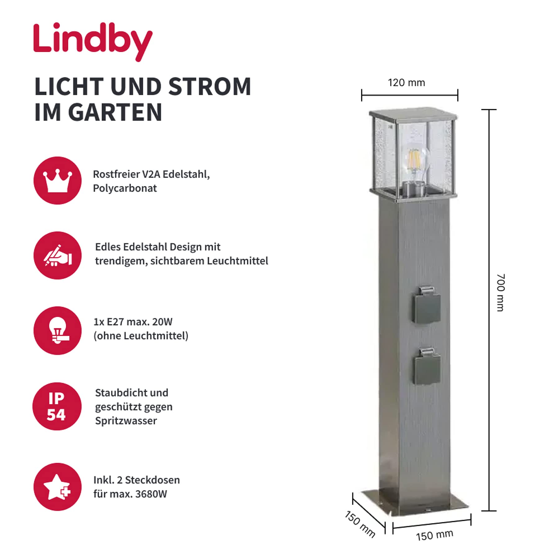 Lindby Edelstahl Wegeleuchte mit 2 integrierten Steckdosen, spritzwassergeschützt IP54 Aussenleuchte 70cm 1x E27 max. 20W ohne Leuchtmittel