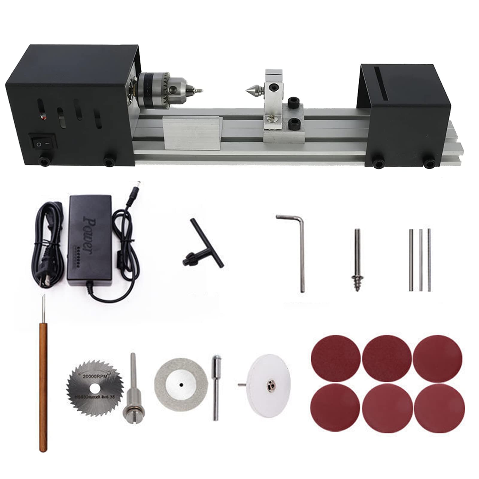 Mini Torno para Madera, Mini Torno de 100 W, Juego estándar for Bricolaje, carpintería, Pulido, taladrado y fresado.