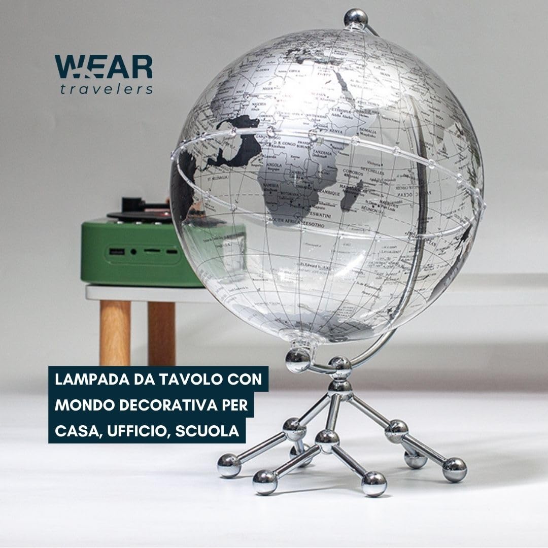 Globo Mappamondo Illuminato LED 20 CM Base in Metallo – Lampada da Tavolo con Mondo Decorativa per Casa, Ufficio, Scuola – Rotazione Manuale 360° – Idea Regalo Educativa Bambini (Argento)