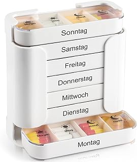 Tablettenbox 7 Tage 4 Fächer Morgens Mittags Abends Nacht - XL Große Kapazität Pillendose 7 Tage für Vitamine & Fischöl - Medikamentendosierer Wochendosierer, Weiß