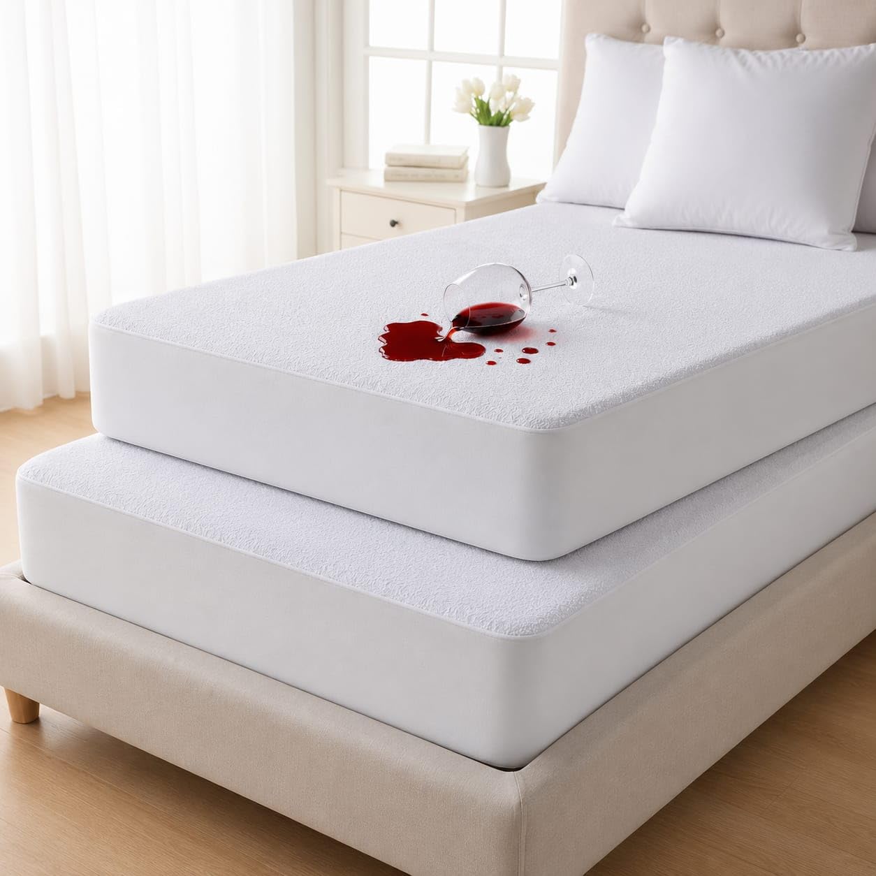 Pack of 2 Single Waterproof Mattress Protector – Soft Terry Cotton Non-Crinkly Cover for Comfort, Extra Deep Pocket Fitted Breathable Mattress Protector, Shield from Spills, Allergen & Dust