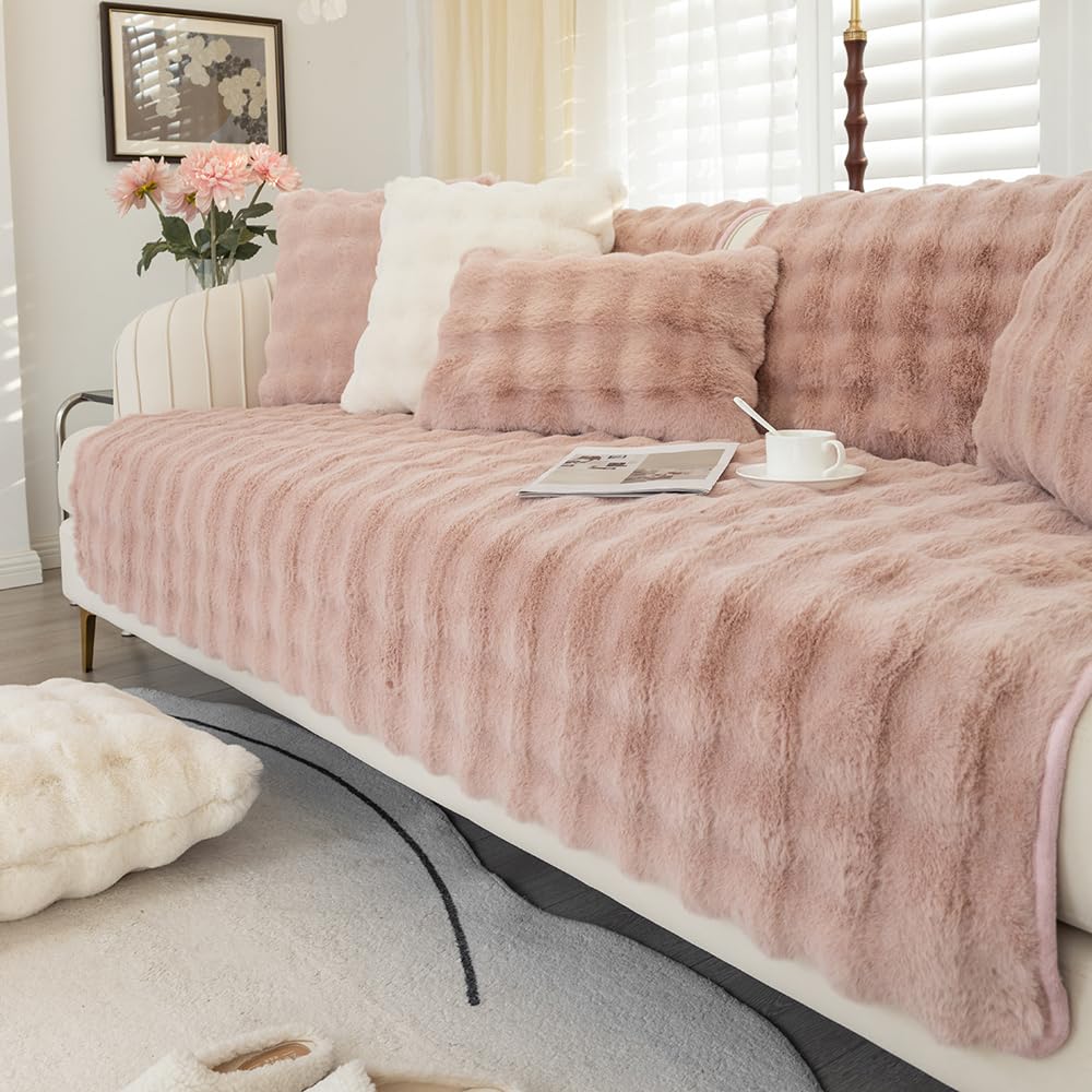 CANYUE Thick Rabbit Plush Sofa Covers, Non-Slip Sofa Slipcovers, Furniture Protector Sofa Covers for 3 Cushion Couch Loveseat Recliner L Shaped Armrest Backrest (Pink,110x160cm)