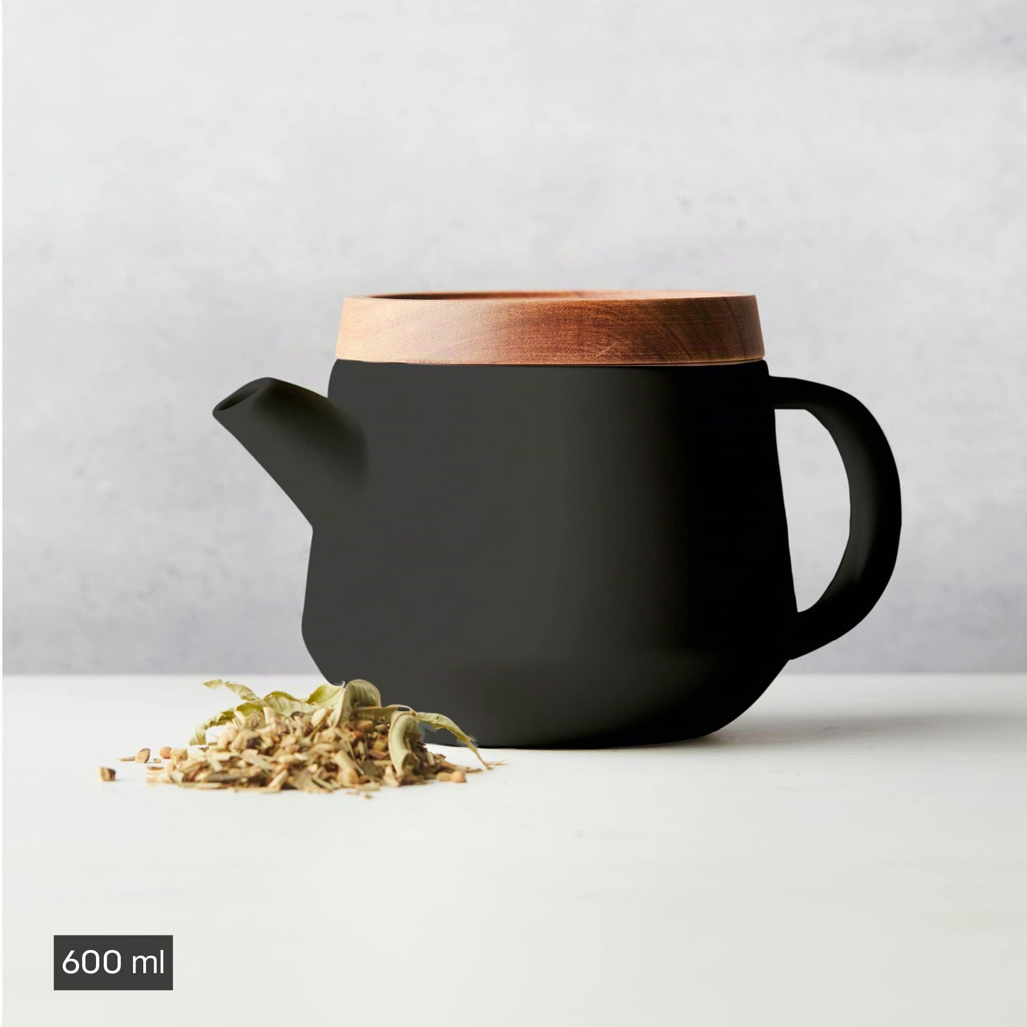 Point-Virgule Théière avec infuseur à thé en INOX, Service a The avec Couvercle, sous-Verre en Acacia, Noir, 600ml