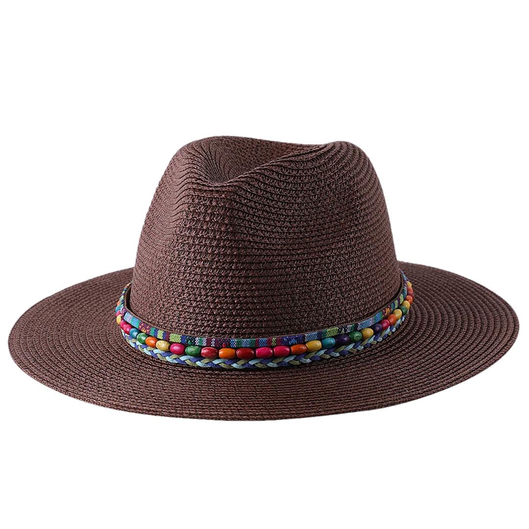Cappello in paglia Panama, da donna, a tesa larga, da viaggio, spiaggia, jazz, Marrone, 6 7/8-7 1/8