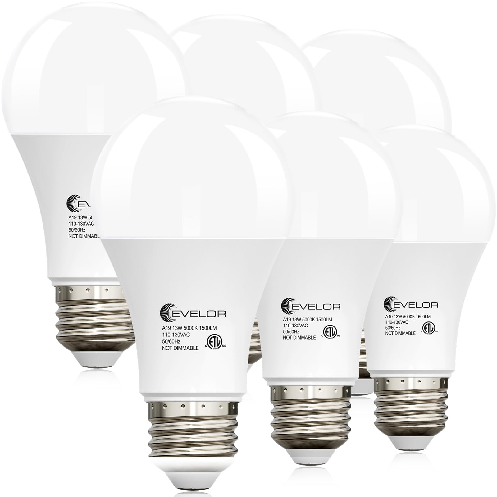 evelor A19 LED Light Bulbs,100 Watt Equivalent Daylight 5000K Efficient 13W,1500 Lumens Bright Lightbulbs,E26 Base, Non-Dimmable, 15000-Hour Lifespan for Bedroom, Living Room, Office, 6-Packs