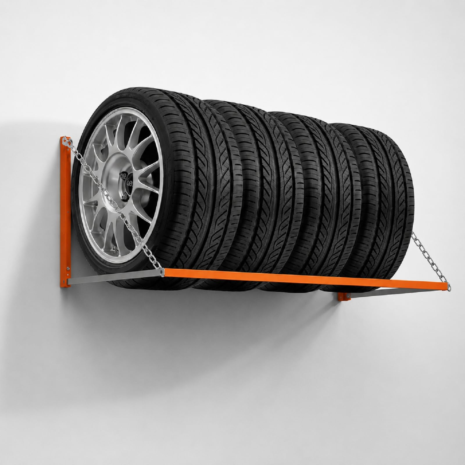 QLS Supporto da parete per pneumatici auto, 120 cm, portata fino a 180 kg, montaggio a parete, colore: arancione