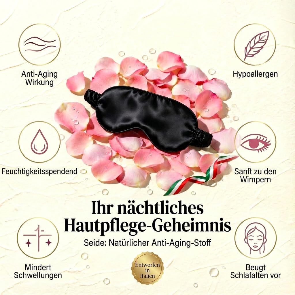 MATASSE Schlafmaske Seide 3D Aus 22 Momme Maulbeerseide Klasse 6A, Seiden Schlafmaske Mit Konturierten Augenmulden Für Damen Und Herren, Italienisches Design, Farbe: Schwarz