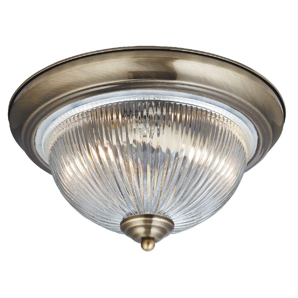 Britalia Antique Brass & Clear Ribbed Glass Bathroom Vintage Round Flush Ceiling Light 290mm | 2 x E14 SES Lamp Bulbs Required (Not Included) | IP44 Rated | Suitable for Outdoor Use