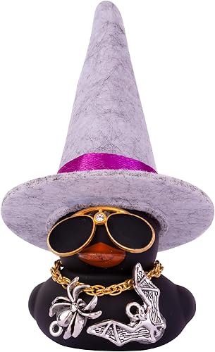Miniatura 8 de Adornos de pato de goma para automóvil, decoraciones de tablero de automóvil con sombrero de bruja pequeño, gafas de sol, collar, accesorios de