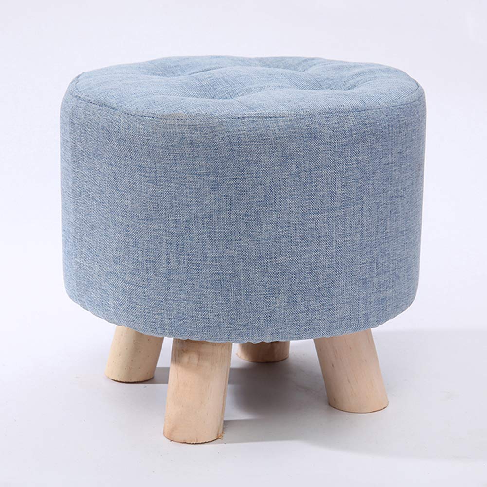Pouf in Legno, poggiapiedi Imbottito, poggiapiedi Rotondo in Lino con 4 Gambe in Legno, Piccolo Sgabello Sedia per Soggiorno Camera da Letto Giardino Blu 31x31x35cm