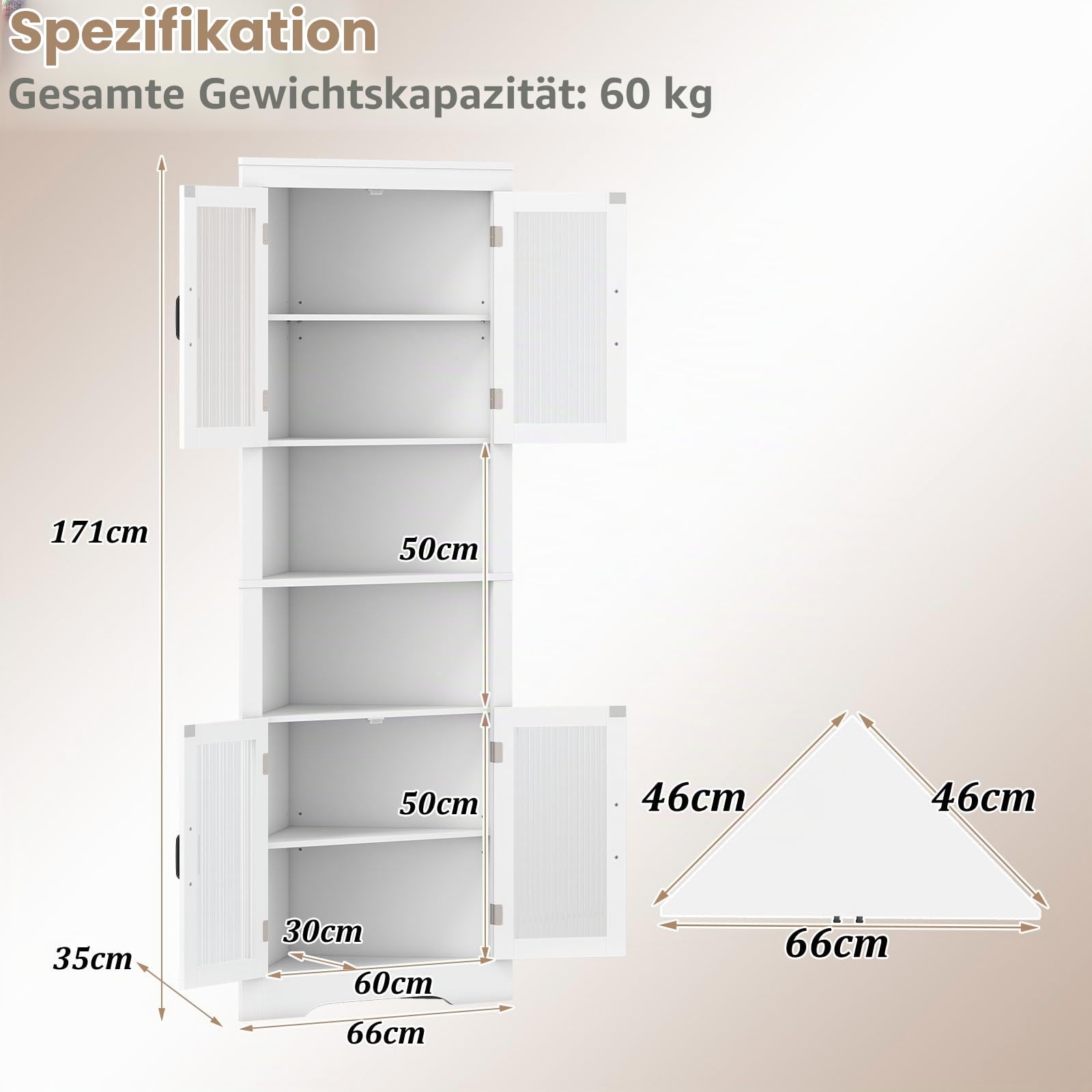 LIFEZEAL Hochschrank Eck, Aufbewahrungsschrank mit Glastüren, Mehrzweckschrank mit 3-Fach verstellbaren Regalen, Badschrank Modern für Küche, Bad, Wohnzimmer (Weiß)