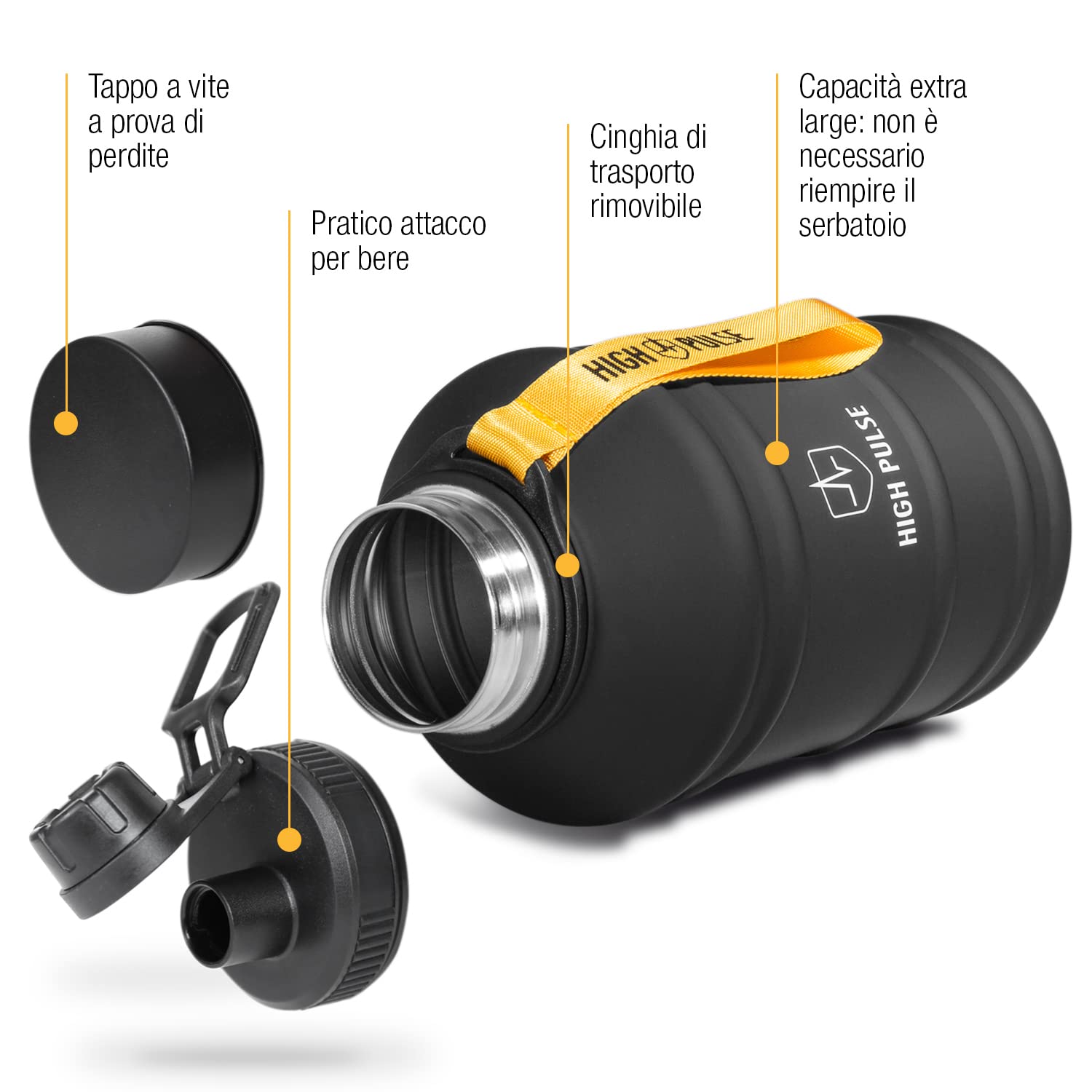 High Pulse Borraccia XXL in Plastica - Bottiglia d'Acqua 2,2 L con Tracolla, Beccuccio e Tappo a Vite - Antigoccia per Sport, Palestra, Campeggio, Escursionismo e Attività Outdoor