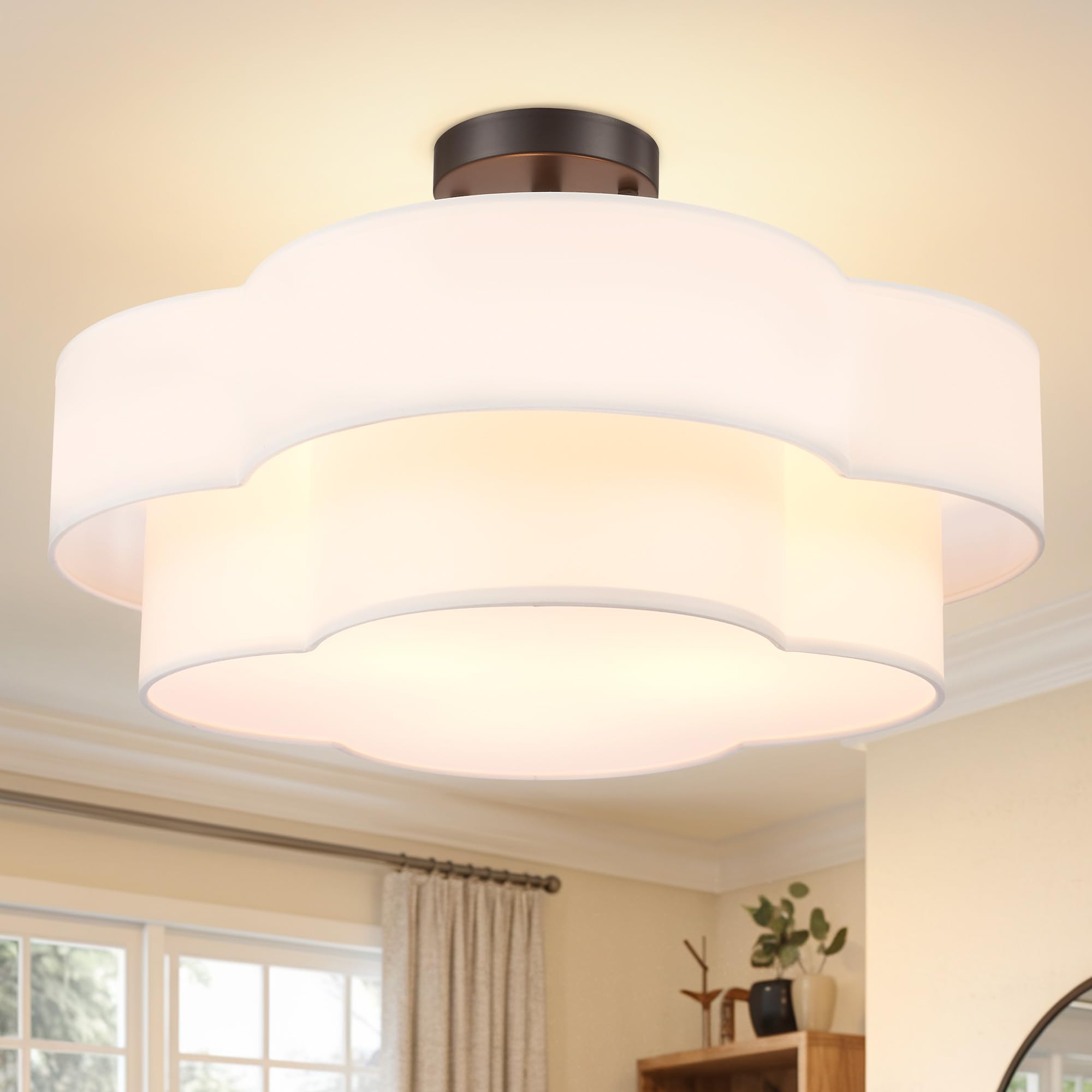 Hamilyeah 20 inch Ceiling Light Fixture with Fabric Shade, Scalloped Flush Mount Ceiling Light Flower Shaped, Drum Light Fixture Ceiling Mount for