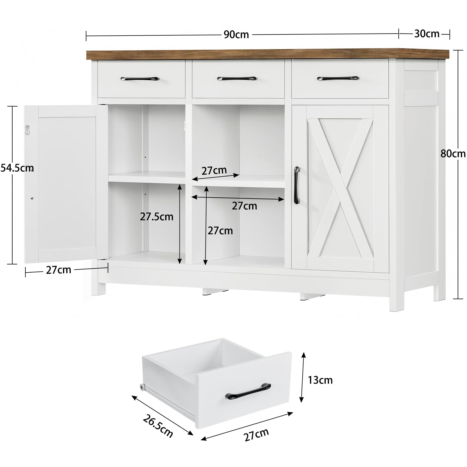 TEENFON Sideboard mit 2 Schränken, Sideboard Küchenschrank mit Arbeitsplatte, Buffetschrank mit 3 Schubladen & Verstellbaren Regalen, Küchenzeile für Küche, Wohnzimmer & Flur - 90 x 30 x 80 cm - Weiß