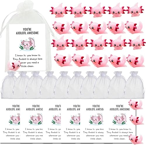 Miniatura 1 de 90 piezas de regalo inspirador mini ajolote de resina con regalo de agradecimiento, tarjetas de animación, bolsas de regalo de organza blanca con