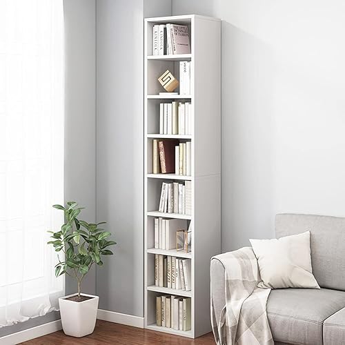 IOTXY Small Narrow Corner Bookcase - 71 Inches Tall Gap Freestanding Storage Cabinet, 8 Lattices Open Shelves Tower Rack, Cubes Bookshelf in White