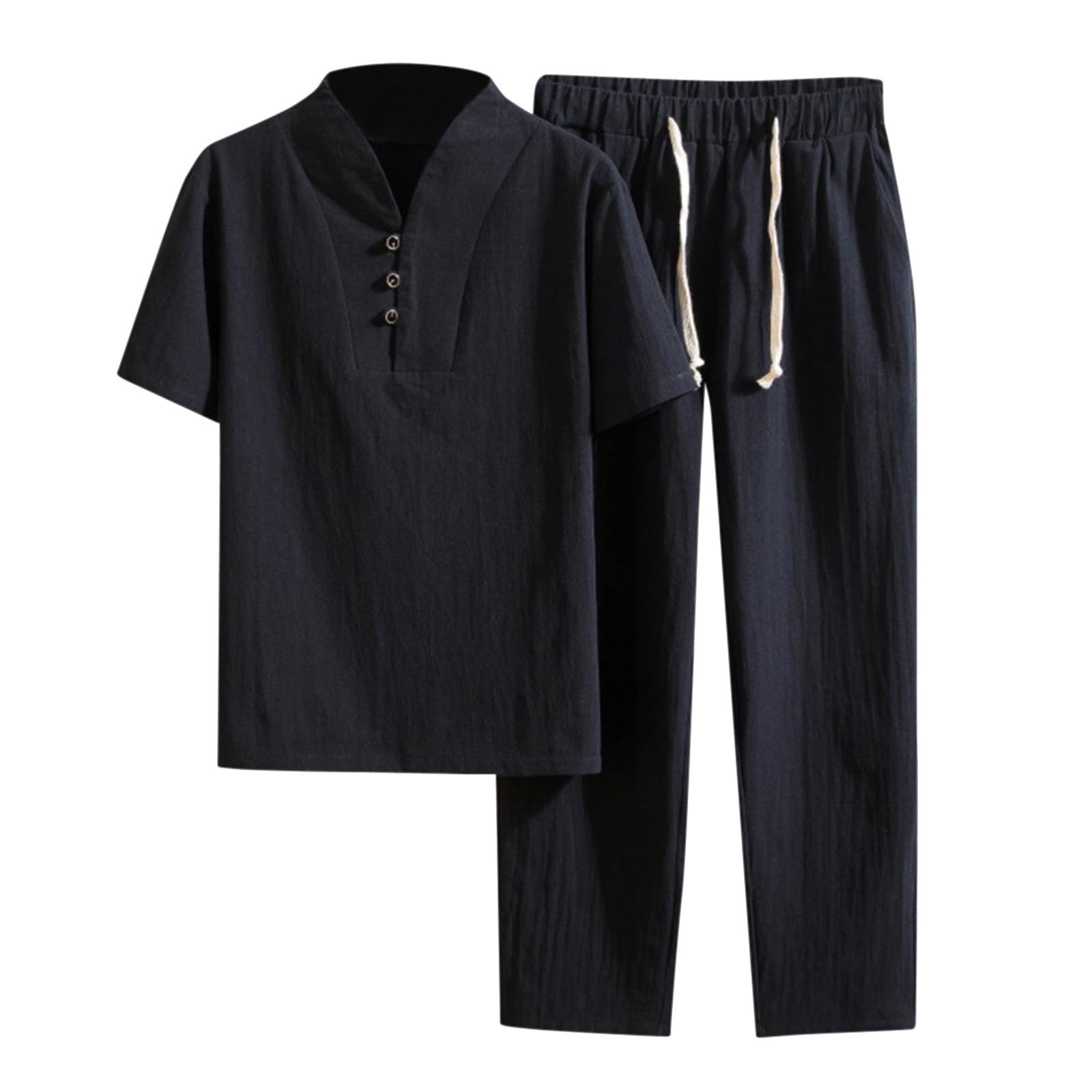 Tuta da uomo leggera in lino, in cotone e lino, per il tempo libero, estiva, 2 pezzi, scollo a V, maniche corte e pantaloni lunghi, traspirante, per la casa, per lo sport, il jogging