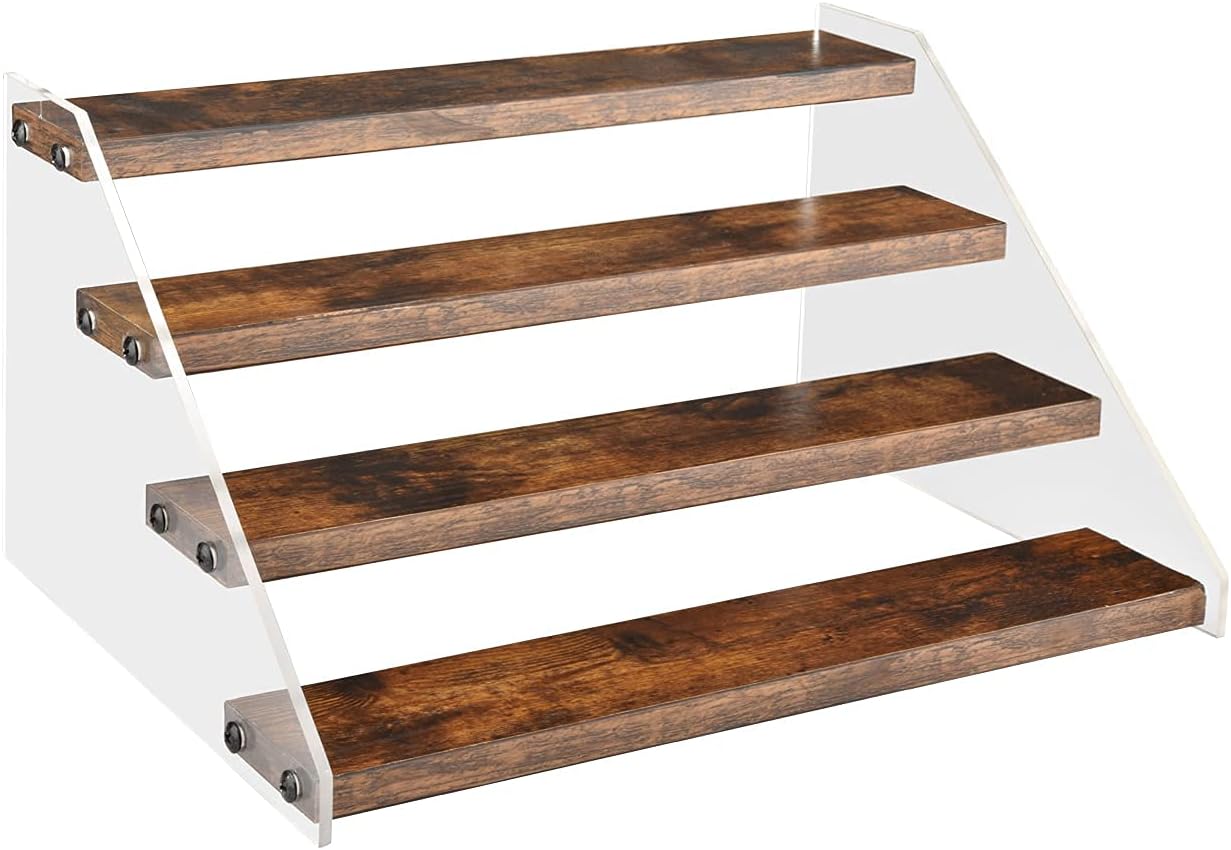 Wood Display Stand, 4 Tier Clear Acrylic Display Shelf Riser Organizer for Vendors, Pop Figures, Cupcakes, Collectibles Storage, Rustic Brown and Black