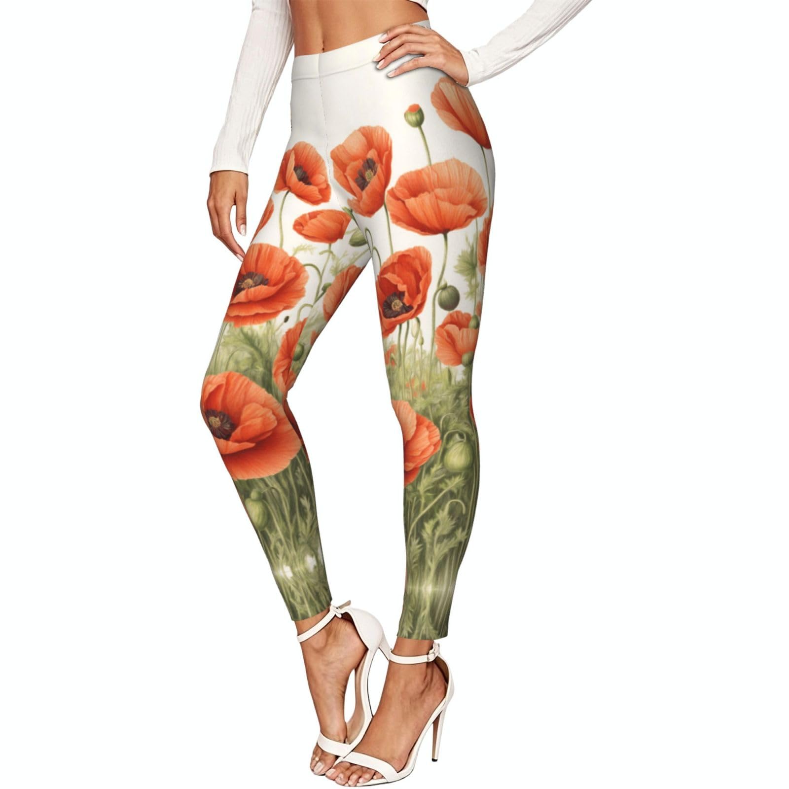 Leggings de compresión con estampado floral de amapolas y tejido suave de alta comodidad 7