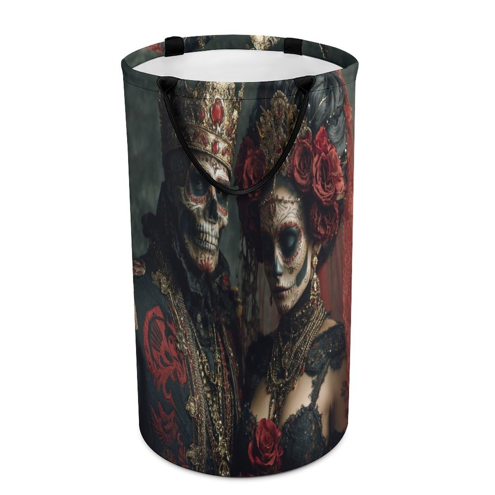 LUYYSKY Realistic Gothic King Queen Versatile Storage Laundry Basket, Beautiful Retro Roses Flowers Skull Skeleton Couple Pattern Large Capacity Bathroom Hamper With Handle
