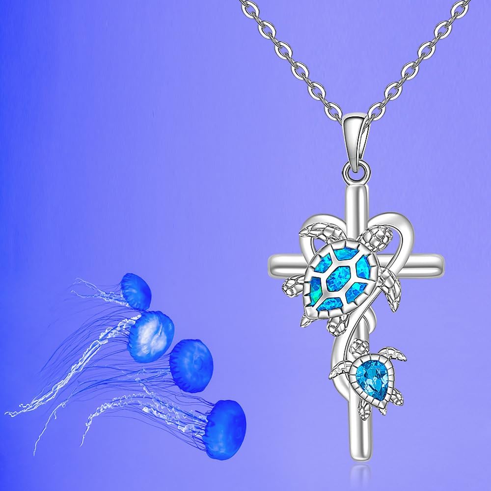Fenthring Turtle Necklace Blue Opal Sea Turtle Necklace for Women Sterling Silver Cross Turtles Mother Daughter Pendant Jewelry Charm Birthday Mothers Day Christmas Gifts - Image 6