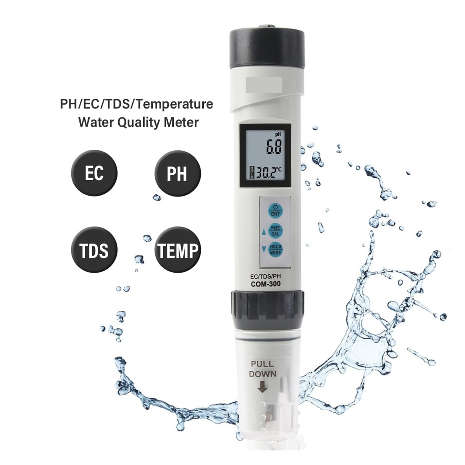 Probador de calidad del agua Medidor digital de TDS, EC, temperatura y pH, ±0,1, alta precisión, probador de calidad del agua, resistente al agua, for acuarios y piscinas.(Nero)