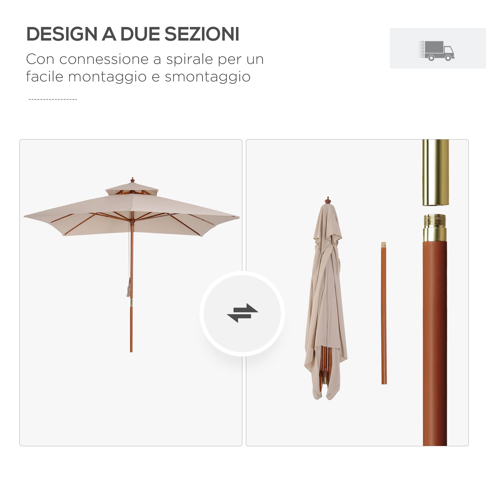 Outsunny Ombrellone da Giardino 3x3 m con Sistema a Corda, Parasole a 2 Livelli, Ombrellone da Esterno Quadrato a 8 Stecche, in Bambù, Legno Pioppo e Poliestere, per Cortile Balcone, Crema