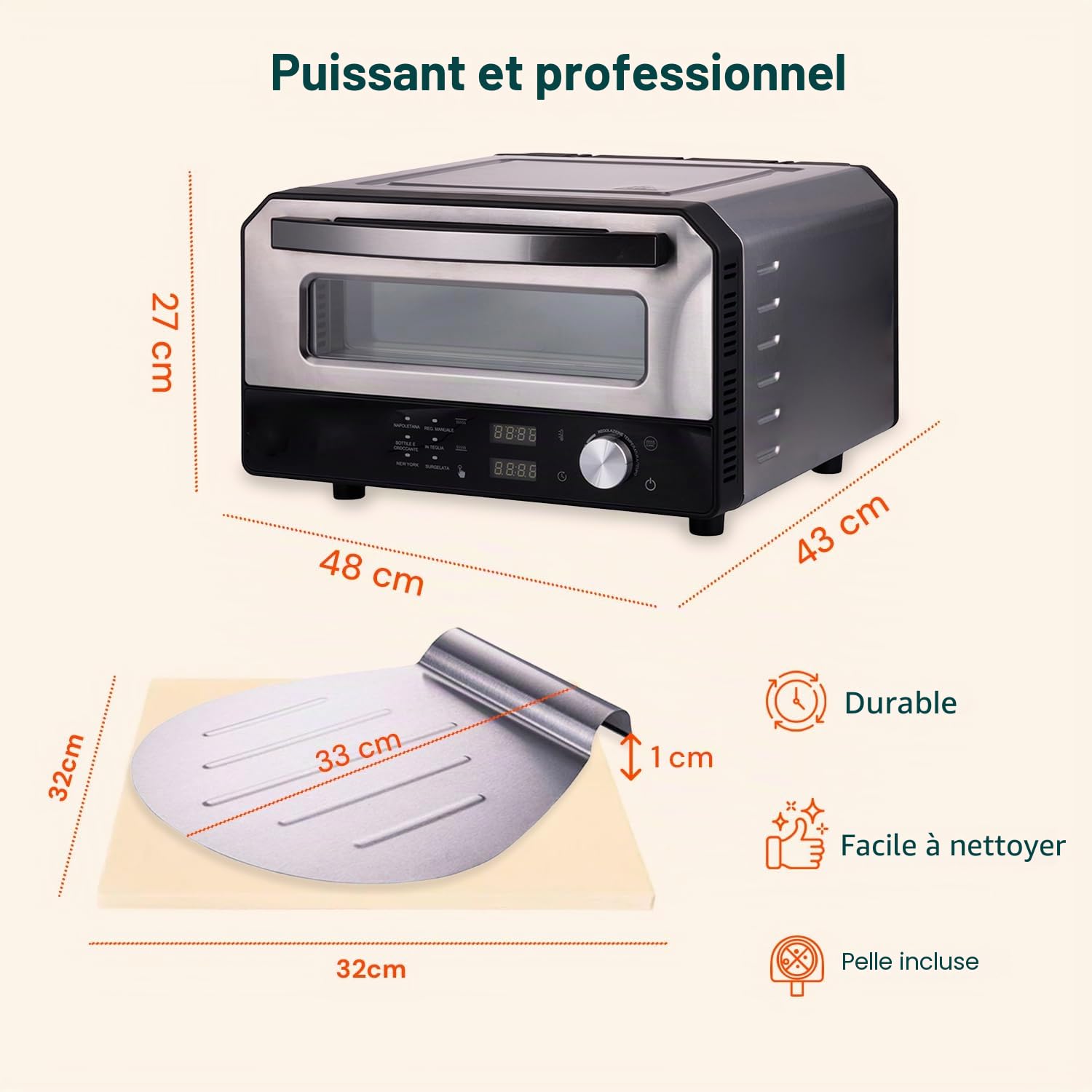 Avilia - Four à pizza électrique à 400 °C avec affichage numérique et 6 programmes de cuisson, y compris pelle à pizza en acier inoxydable, facile à utiliser avec contrôle précis de la température