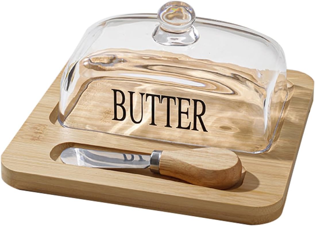 DOITOOL Butter Dish with Lid and Wood Tray Glass Covered Butter Box for Refrigerator Nordic Style Cheese Storage Dish with Knife for Kitchen and Dining