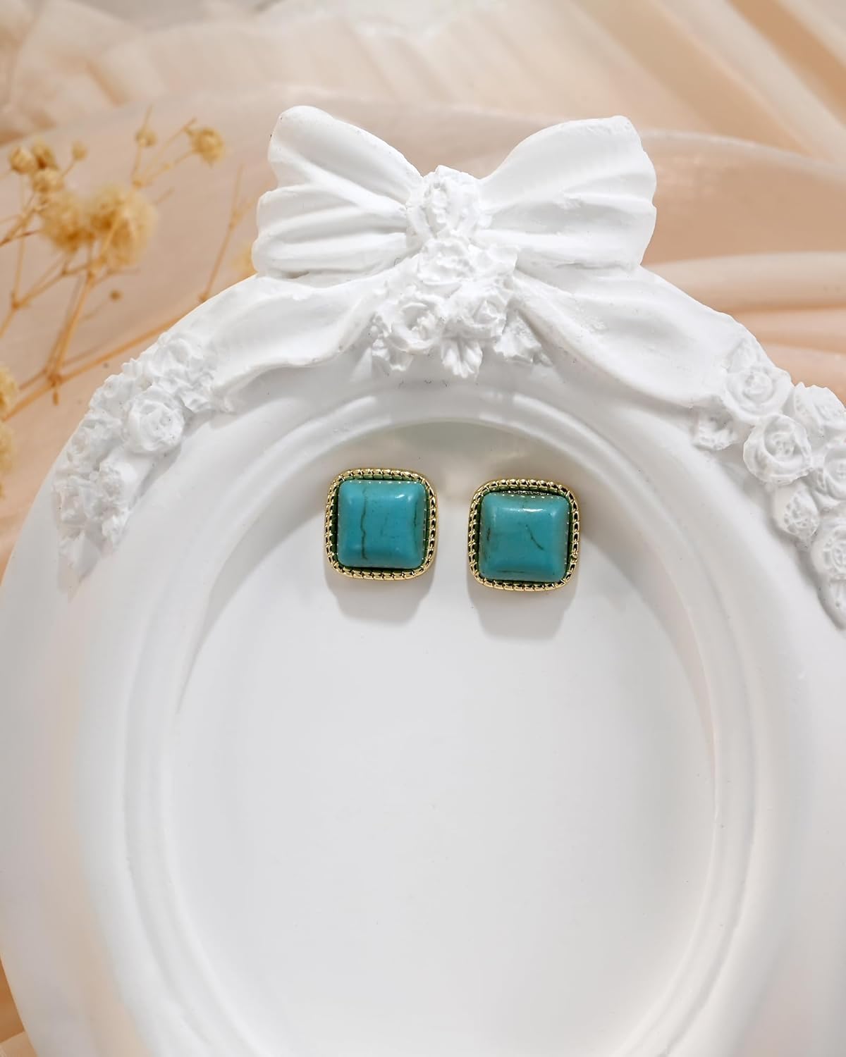 14K Gold Plated Turquoise Stone Square Stud Western Bohemian Earrings Vintage Blue Teal Jewelry for Women - Image 6
