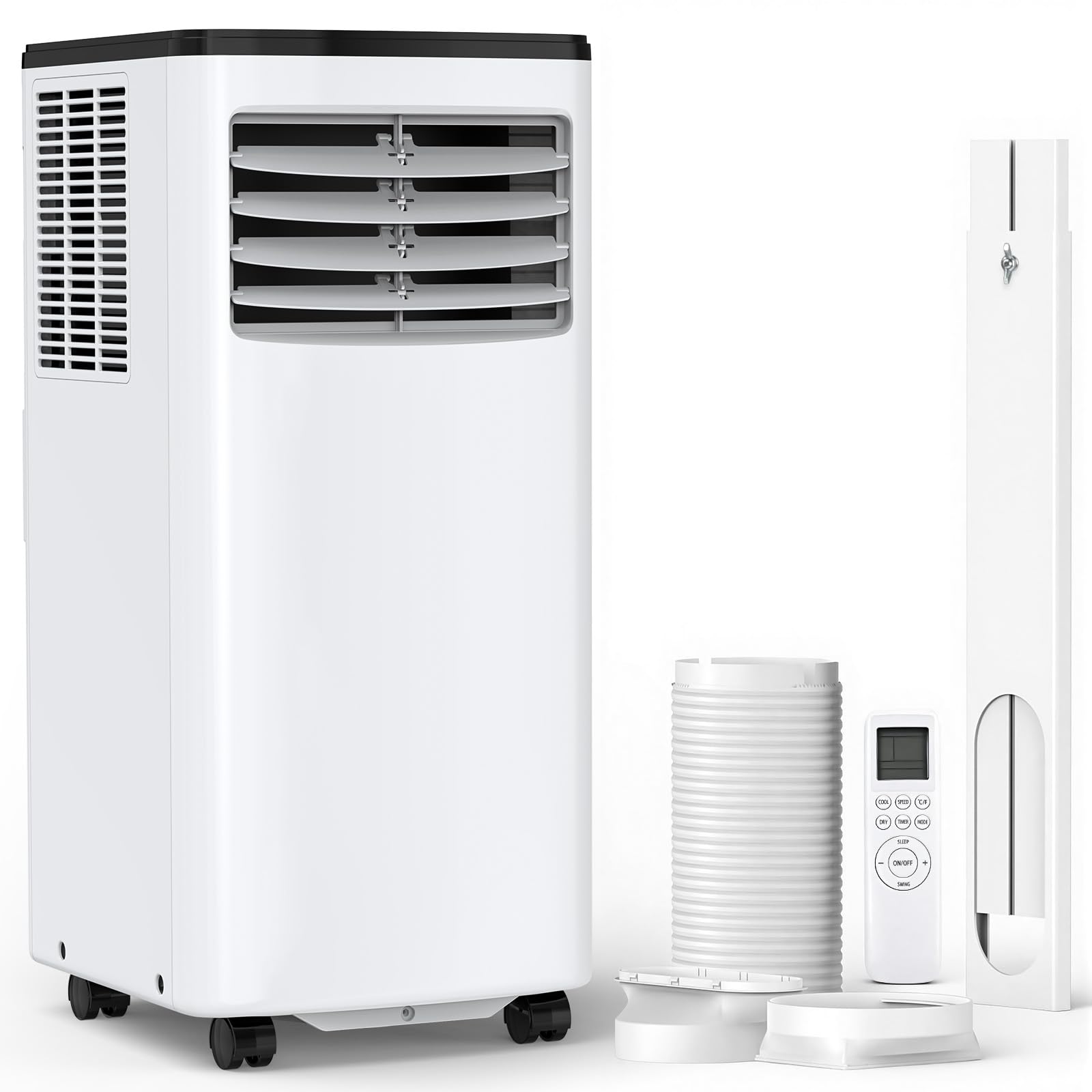 Ningbo Luowa Electric Appliances Co., Ltd. Electactic 8000 BTU Portable AC, 3-in-1 Air Conditioner with Dehumidifier & Cooling Fan, Remote Control, LED Display, Sleep Mode, Quiet, 24H Timer, 360° Casters & Window Kit, for Room Office Apartment, 8000 Black Top
