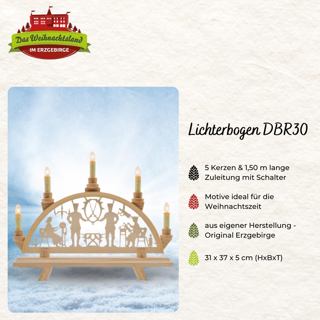 Lichterbogen DBR30 – Schwibbogen aus Holz – Erzgebirge | 37 x 31 x 5 cm – Leuchtbogen mit 5 Kerzen – Original Erzgebirge Fensterbogen – handgemachte Weihnachtsdeko